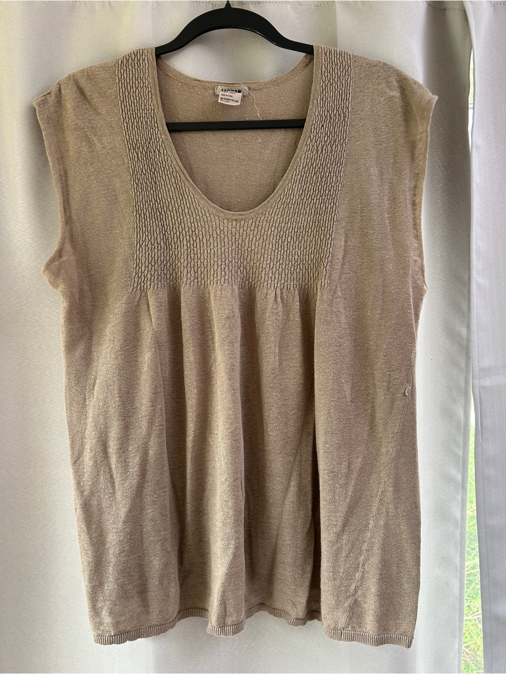 Jigsaw Neutral Taupe Short Sleeve Knit Top linen knit fabric